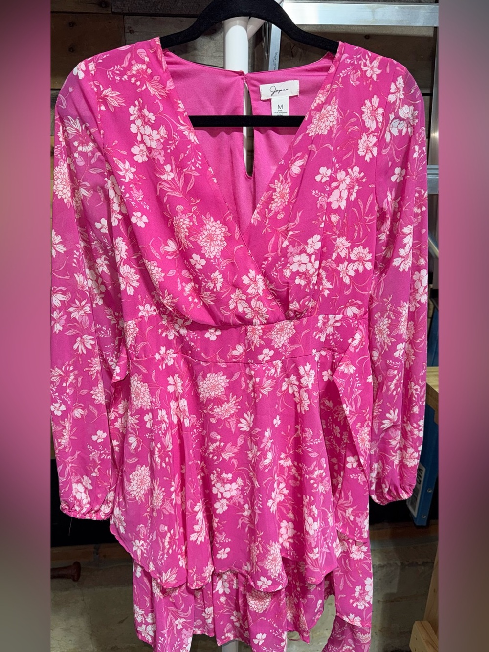 Japna Feminine Pink Floral V-Neck Wrap Dress Medium